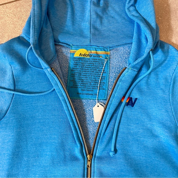 Aviator Nation Rainbow Rib Cuff Zip Up Hoodie Ocean Blue Turquoise Large NWT - Picture 8 of 15